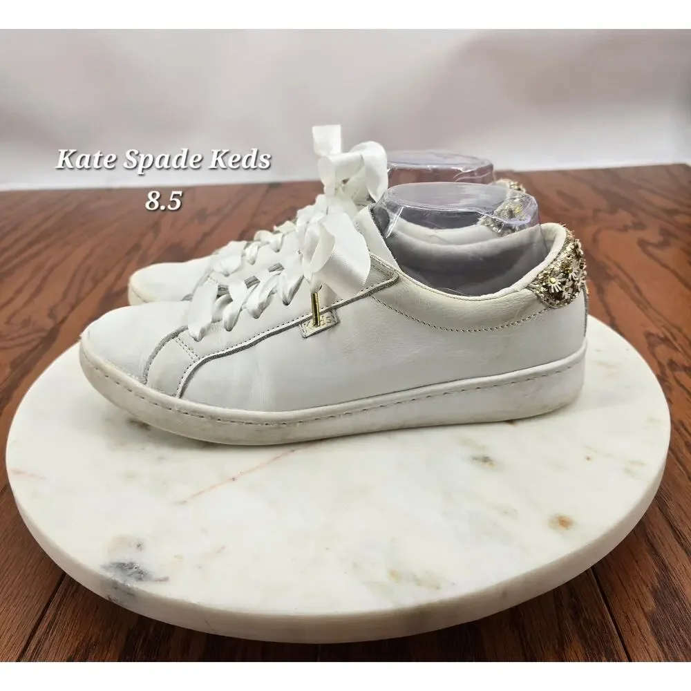Keds x Kate Spade New York Ace Flower White Leather Sneakers Satin Bow Women 8.5